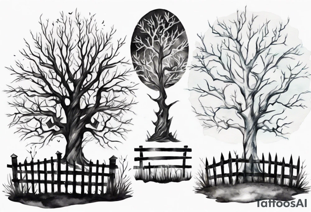 A black tree and a white tree intertwining in a field with a fence and headstones tattoo idea