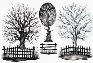 A black tree and a white tree intertwining in a field with a fence and headstones tattoo idea