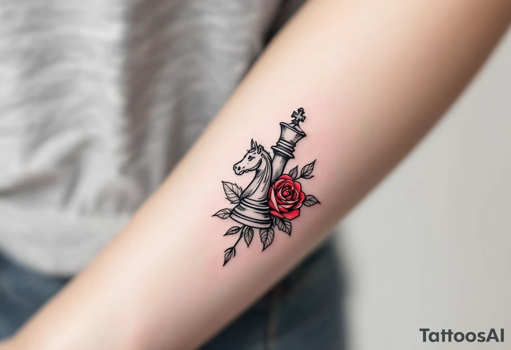 A fine-line black and gray tattoo of a chess king and queen piece intertwined with red roses. tattoo idea