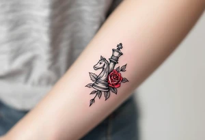 A fine-line black and gray tattoo of a chess king and queen piece intertwined with red roses. tattoo idea