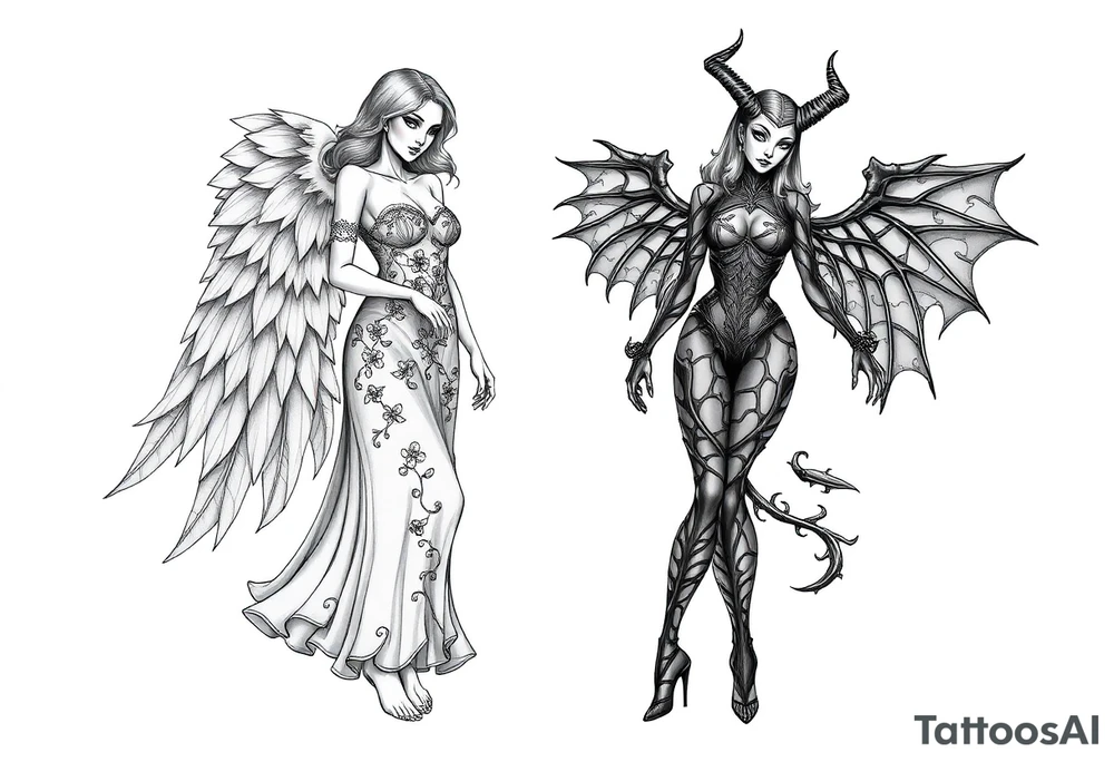 🔥 Dual Tattoo Concept: Angel & Demon – Sexy and Symbolic

Left Side – Angel (Engelin):
A sensual, barefoot angelic woman with soft, flowing hair and serene, open eyes gazes downward with calm strength. Her wings are large, feathered, and gracefully arched. She wears an elegant gown made of delicate, nature-like textures, blending floral and leaf motifs across her bodice and arms. The long dress flows like wind-swept silk, giving a sense of movement and grace. Her posture exudes calm power and divine femininity. She is barefoot, standing lightly as if floating—symbolizing purity, serenity, and grounded spirituality.

Right Side – Demoness (Teufelin):
A striking, seductive demoness with high heels and a confident stance radiates dark power and fierce sensuality. Her body is wrapped in an organic, flame- and thorn-like armor that clings to her form. Her skin appears almost sculpted with dark ornamental patterns. She has sharp horns, long hair, bat-like wings with torn edges, and a long, sinuous tail curling around her leg. Her expression is bold and alluring, eyes closed as if relishing her power. She stands tall in spiked heels, embodying chaos, desire, and strength.

⸻

🌓 Tattoo Style Suggestions:
	•	High-detail black-and-grey realism
	•	Placement: back piece, thighs, or dual shoulder blades
	•	Themes: Good vs Evil, Light vs Dark, Feminine Duality, Temptation vs Grace tattoo idea