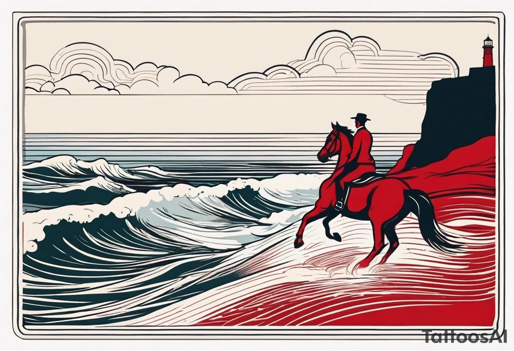 a vintage postcard showing a seaside with cliff on a November day. There is a red horse with rider in the waves. tattoo idea