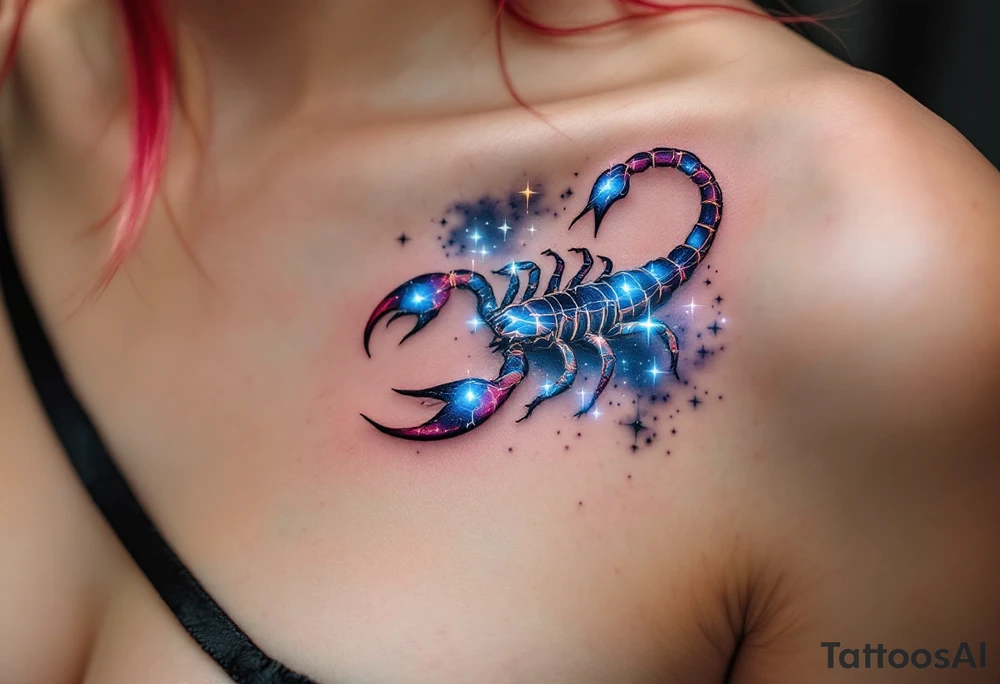 In the deep indigo sky, Scorpius coils like a celestial scorpion outlined in icy white light moving toward its star constellation tattoo idea