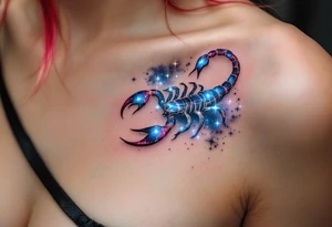 In the deep indigo sky, Scorpius coils like a celestial scorpion outlined in icy white light moving toward its star constellation tattoo idea