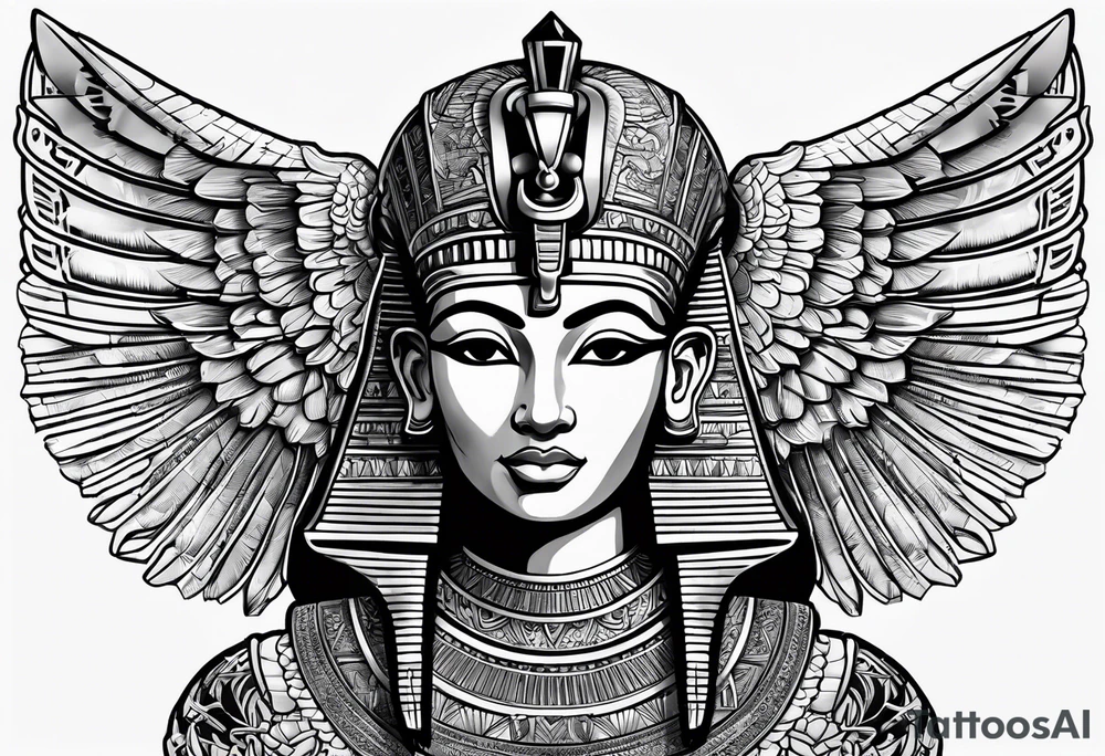 Egyptian god with wings overlooking the pyramids with a goddess face underneath tattoo idea