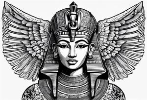 Egyptian god with wings overlooking the pyramids with a goddess face underneath tattoo idea