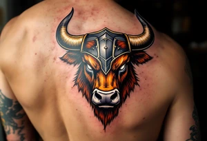 Gladiator Bull – Strong bull with armor helm over its forehead, fur in burnished bronze and dusty brown, and war paint streaked across the eyes. tattoo idea