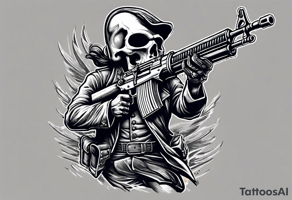 revolutionary war skull faced
 sodier running with a machine gun "liberty or death", liberty bell tattoo idea