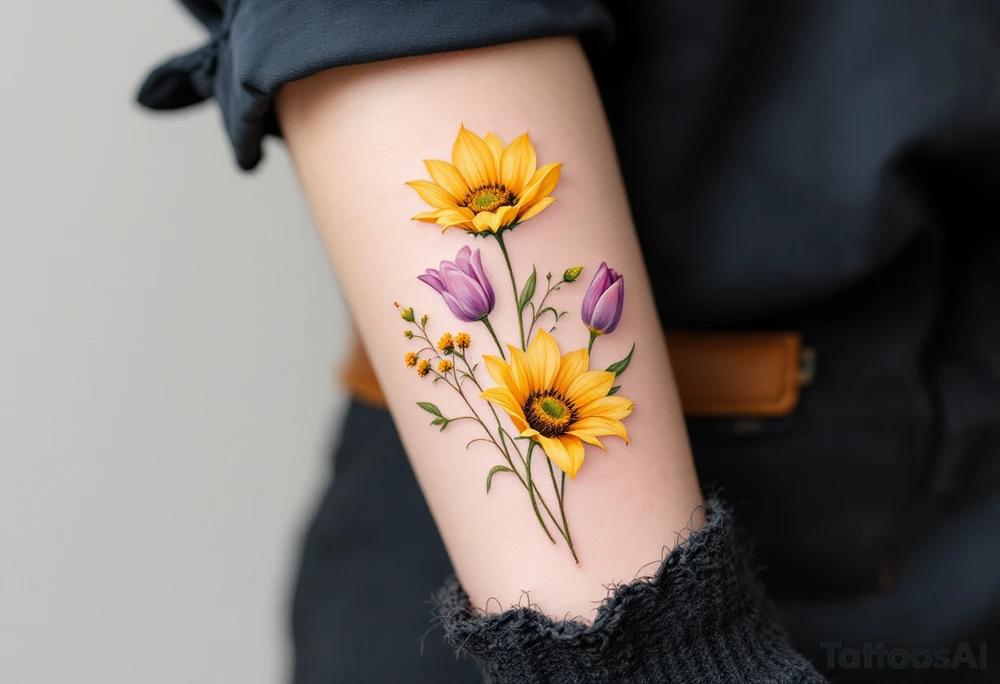 Small yellow sunflowers and simple stargazer Lilly in pale pink and pale purple tulip buds in a dainty wildflower bouquet with light green stems. No outlines on the flowers. Include feminine stem lines. tattoo idea