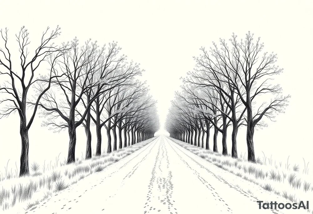 Tree-lined dirt road. Road is rough, little shoulder. Deciduous trees arch across it, meeting in the middle. 

Road should be rougher, more rural. Branches start lower. The trees in the foreground should be bigger — perspective has road getting smaller. 

Make the trees leafier. Branches begin lower on the trunk. 

Much leafier trees. Summer. Can’t see much behind the trees 

Make the trees oak tattoo idea
