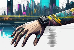 cyberpunk 2077, hand tattoo, geometric, subtle, men, city skyline tattoo idea