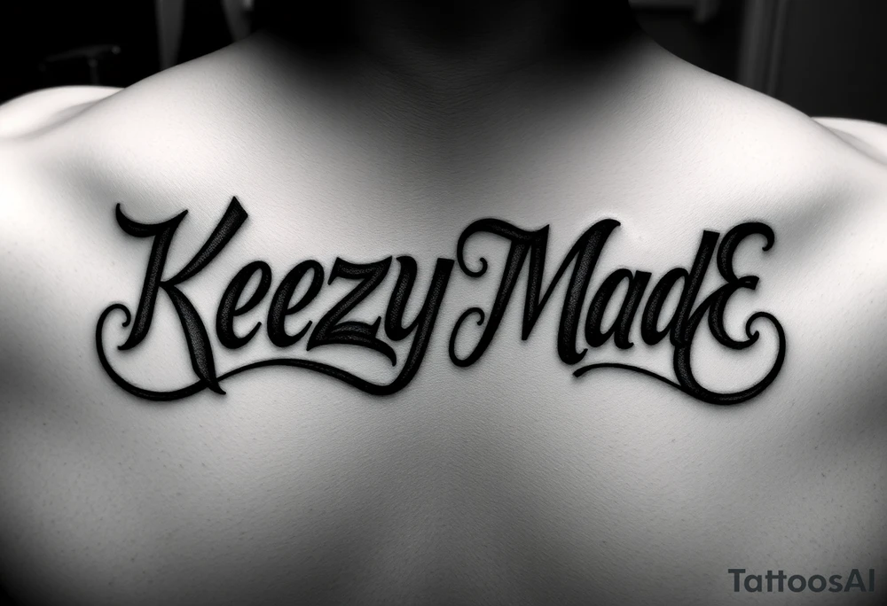 letters only fancy but rugged twisted and intertwined circular arched curvy lettering (KeezY MadE) almost like the the roca wear symbol clothing brand trademark RW but with KM tattoo idea