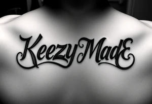 letters only fancy but rugged twisted and intertwined circular arched curvy lettering (KeezY MadE) almost like the the roca wear symbol clothing brand trademark RW but with KM tattoo idea