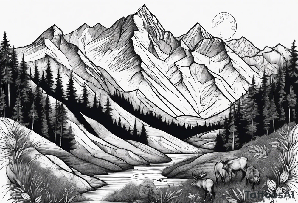 Mountains, animals, concept tattoo idea