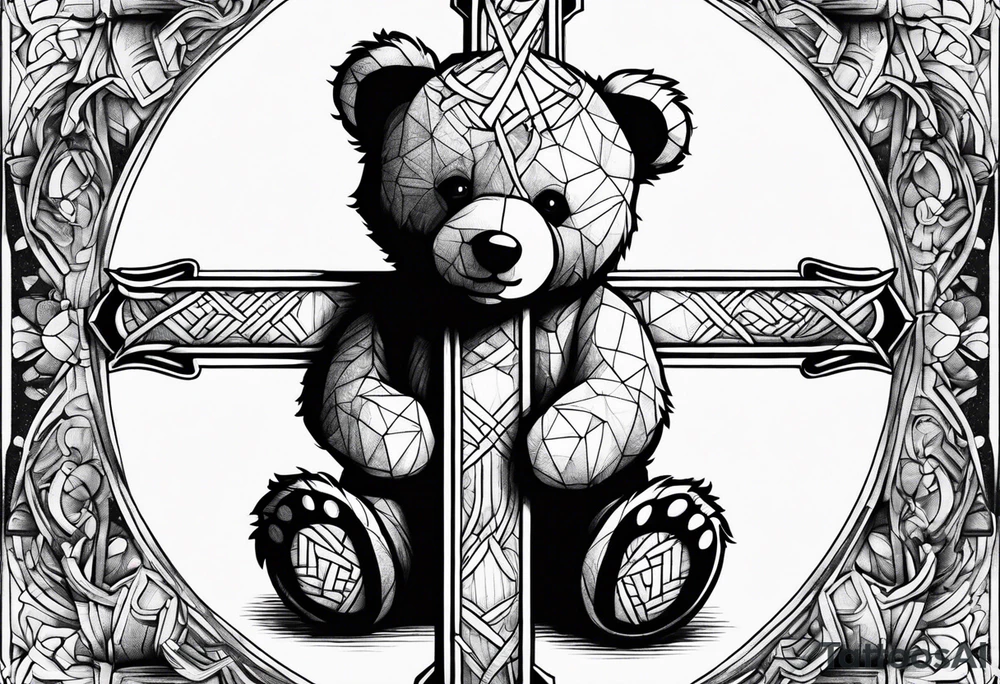 Teddy bear leaning against a cross tattoo idea