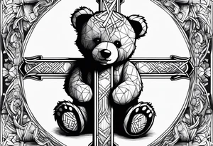 Teddy bear leaning against a cross tattoo idea