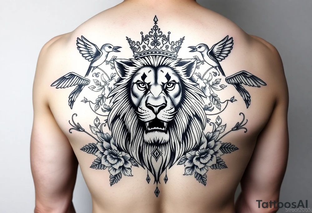 powerful majestic lion with a crown, surrounded by floral ornaments and birds tattoo idea
