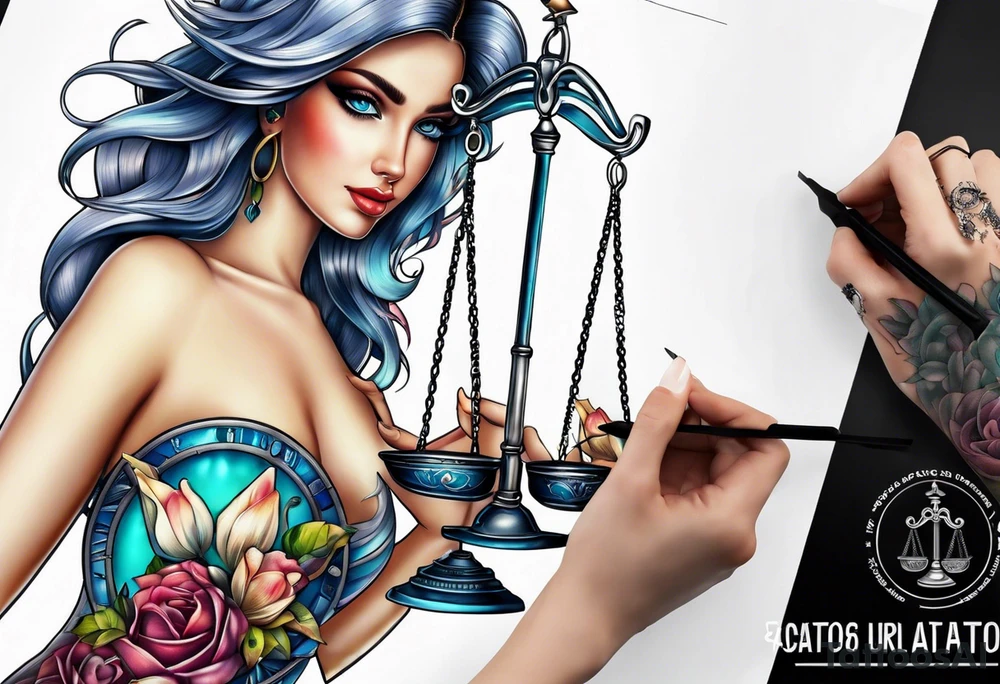 Intricate libra scales held by a beautiful woman tattoo idea