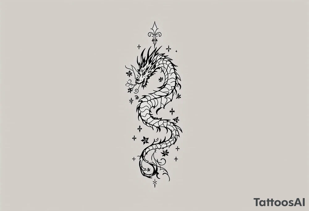 un dragon central entouré de fleurs de lys tattoo idea