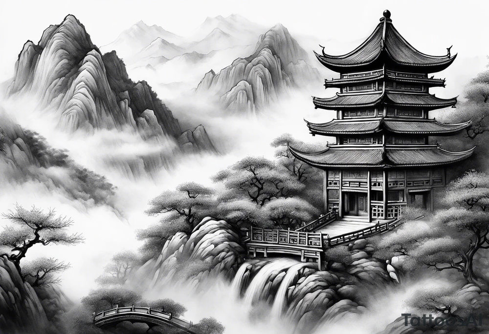 forearm sleeve traditional chinese art painting style autumn mountains mist fog water Chinese temple 2 male monks wearing robes  drinking tea tattoo idea