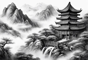 forearm sleeve traditional chinese art painting style autumn mountains mist fog water Chinese temple 2 male monks wearing robes  drinking tea tattoo idea