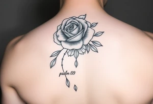 Fine line rose flower intertwined with a daisy with the daisy pedals falling down the middle of the back. Also include the words psalm 139 and even there connected to the flowers by dots tattoo idea