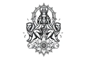 Realistic Durga sat on three lions
Surrounded by lotus chakra and mandala tattoo idea