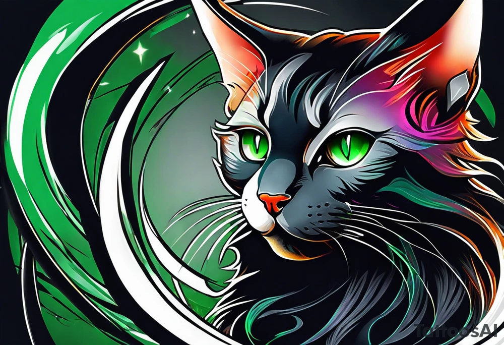Black cat with green eyes hissing with its tail wrapped around a sword tattoo idea