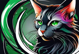 Black cat with green eyes hissing with its tail wrapped around a sword tattoo idea