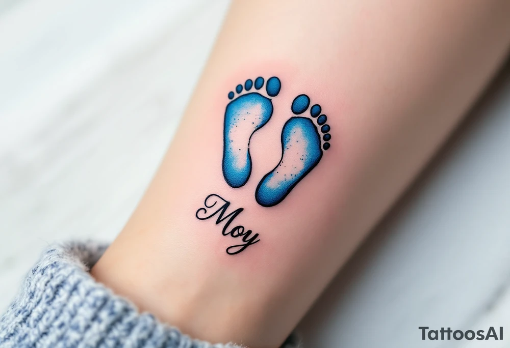 A pair of tiny blue footprints with the son's name in elegant black script beneath. tattoo idea