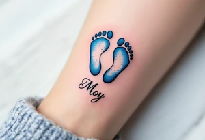 A pair of tiny blue footprints with the son's name in elegant black script beneath. tattoo idea