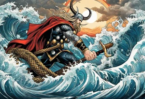 Thor fighting the world serpent in the ocean in a typhoon tattoo idea