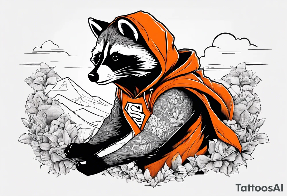 Raccoon wearing an orange Superman hoodie tattoo idea