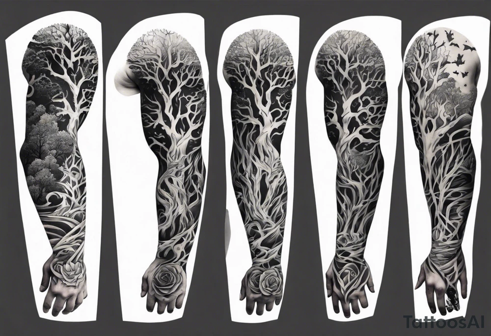 full arm sleeve irish tattoo with scary tree tattoo idea