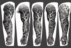 full arm sleeve irish tattoo with scary tree tattoo idea