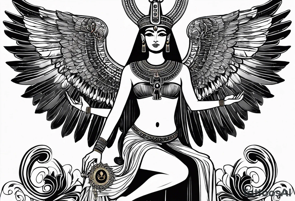 blank and white Egyptian goddess Isis, who is often depicted as a woman with outstretched wings, holding an ankh (a symbol of life) in one hand and a lotus flower in the other. Her headdress often includes a throne or a solar disk. The tattoo design can vary in style and size, but it typically aims to capture the essence of this revered Egyptian deity, emphasizing her beauty, power, and maternal qualities. The choice of colors and additional elements can also be customized to create a unique and visually striking representation of the goddess Isis tattoo idea
