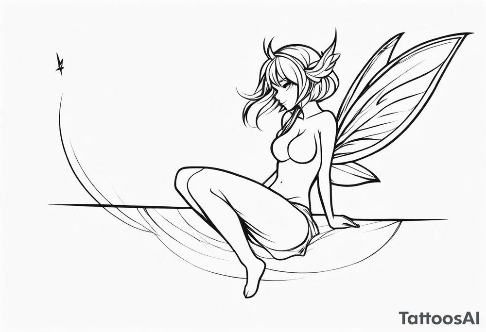 No color sketch of a fairy with a tail inspired by the guild symbol in the anime show called Fairy Tail in a fetal position leaning forward while crawled in and her body is an angle while floating in the air with big wings tattoo idea