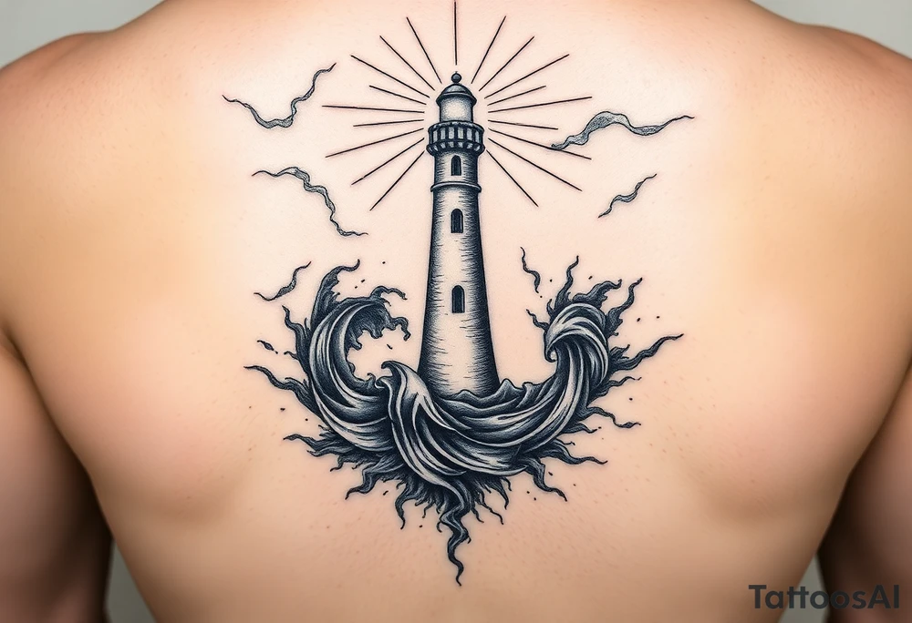 In the center: A steady lighthouse, its light burning, radiating outward.

From the base of the lighthouse: a fractal spiral that extends and transforms—it begins chaotic, dark, with tangled lines, and opens into more harmonious patterns toward the edges.

The background: a mix of storm, waves, and energetic lines, but without obscuring the lighthouse or the spiral—instead, they embrace them, as if they were part of the transformation. tattoo idea
