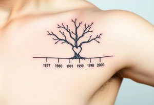 Make a family tree timeline 
With 1 parent year of birth 1957 with a small heart next to it and under it add the  4 kids years of birth 1980, 1989, 1998, 2000 tattoo idea