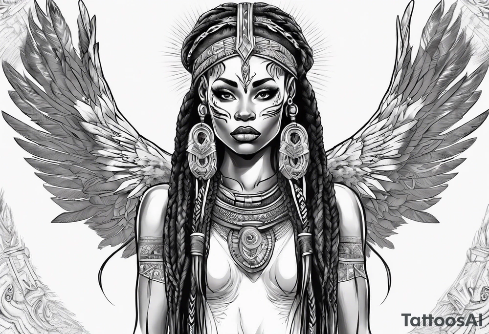 African female valkyre full body angelic
slim face long braided hair descending from heaven tattoo idea