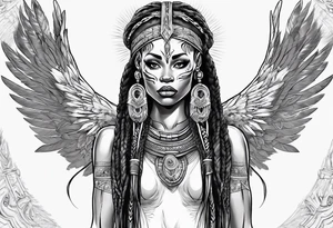 African female valkyre full body angelic
slim face long braided hair descending from heaven tattoo idea