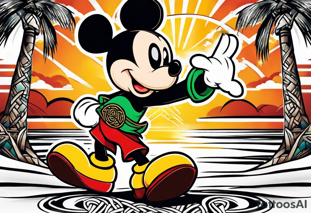 mickey mouse doing martial arts with palm trees, lightning storm and the celtic symbol for family tattoo idea