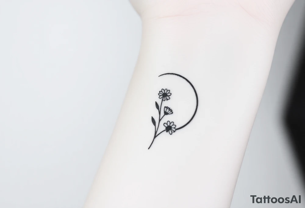Small black and white tattoo waxing crescent moon with small Daisy birth flower and tiny leo gliph tattoo idea
