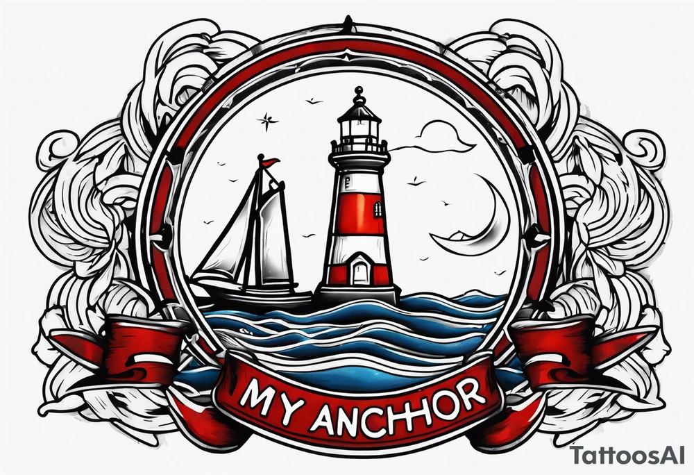 Lighthouse and anchor that says "MY BEACON MY ANCHOR" tattoo idea Lighthouse and anchor that says "MY BEACON MY ANCHOR" tattoo idea
