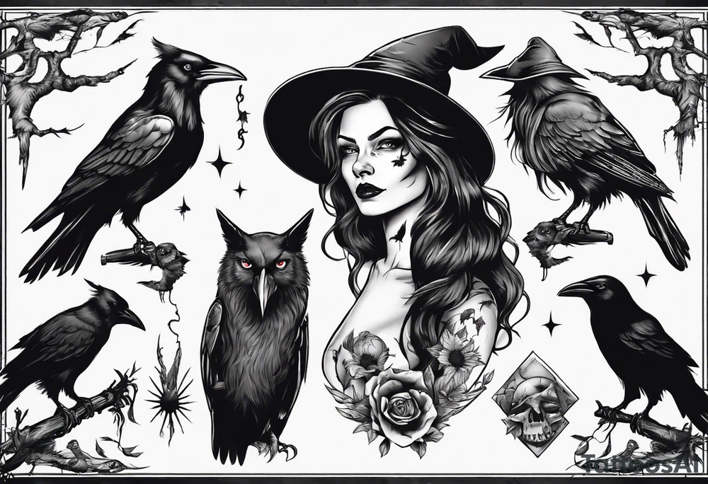 witch with crows tattoo idea