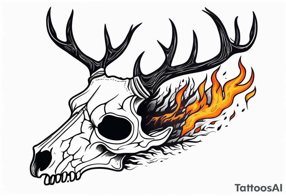 side profile of a DECAYING deer skull JUST BONE supernatural cannibal surrounded by a flames and trees tattoo idea