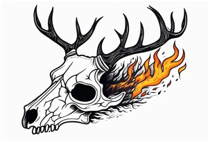 side profile of a DECAYING deer skull JUST BONE supernatural cannibal surrounded by a flames and trees tattoo idea