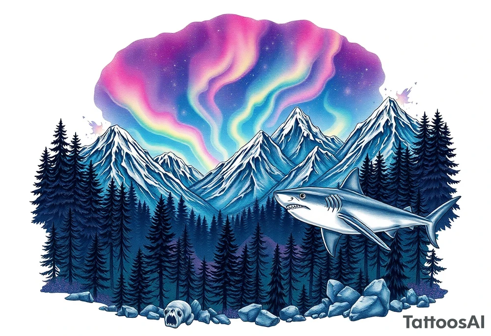 forest mountains under the northen lights with sharks. Contain everything in the shape of Africa tattoo idea