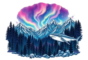 forest mountains under the northen lights with sharks. Contain everything in the shape of Africa tattoo idea