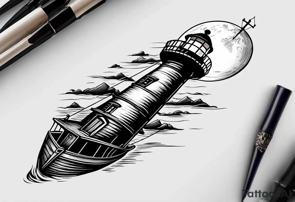 bateau, phare maritime et lune bleu tattoo idea
